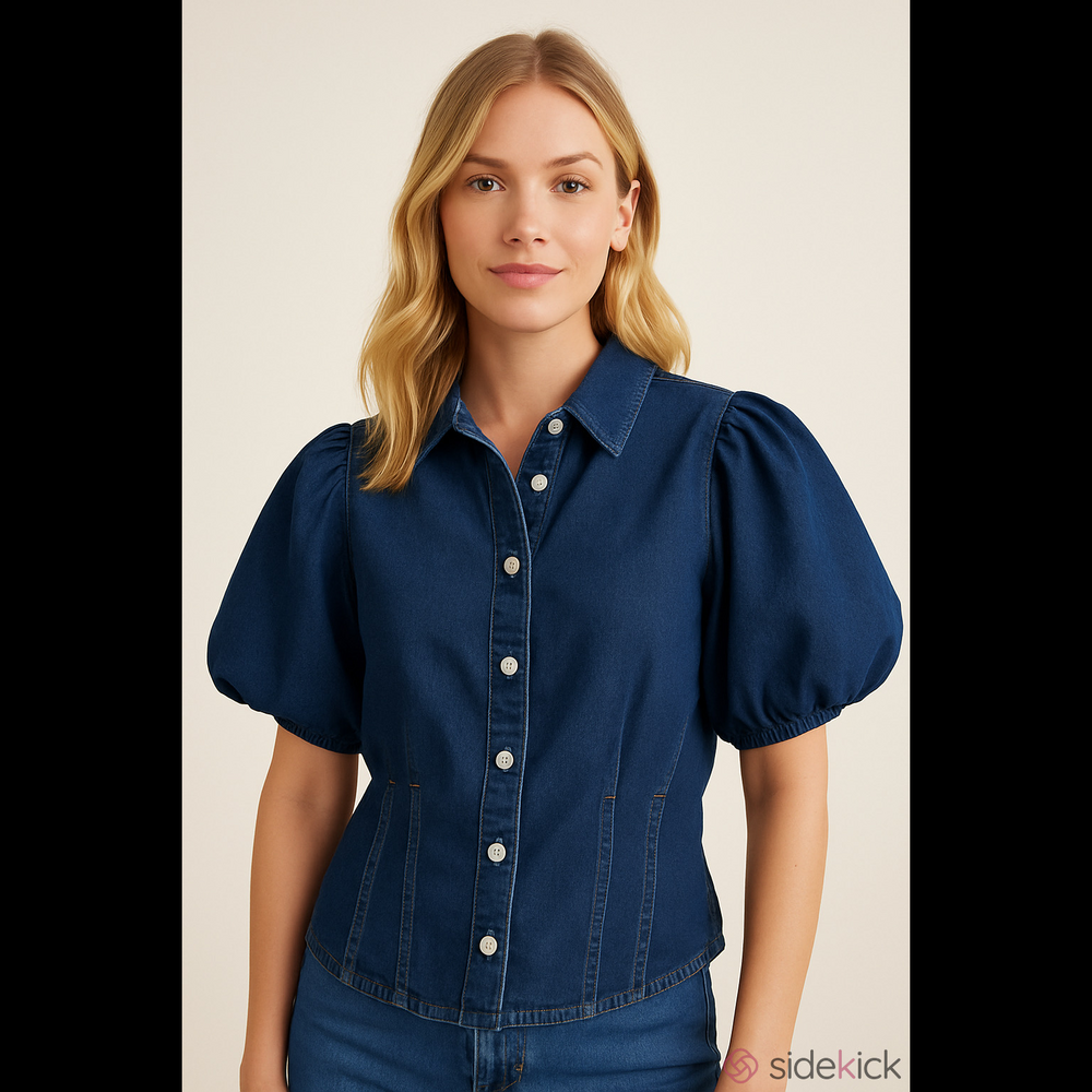 NWT Bagatelle Collection Denim Button-Up Blouse with Puff Sleeves Medium